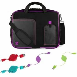 Vangoddy Office Business Travel Laptop Case Up To 14 Inch Laptop + 4x MicroUSB Charging Cables, Black Purple