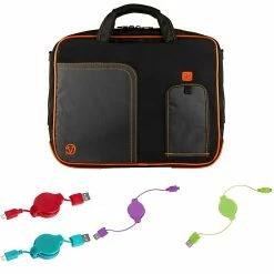 Vangoddy Office Business Travel Laptop Case Up To 14 Inch Laptop + 4x MicroUSB Charging Cables, Black Orange