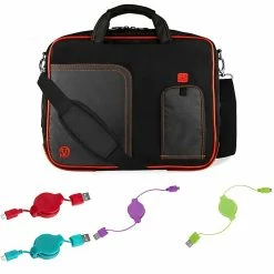 Vangoddy Office Business Travel Laptop Case Up To 12 Inch Laptop Tablet + 4x MicroUSB Charging Cables, Black Red